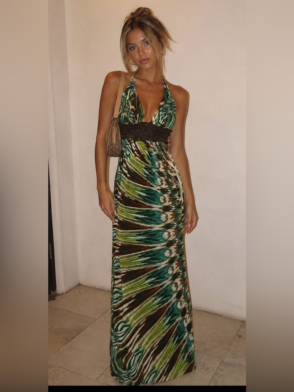 Sky Y2K silk and leather Maxi Halter Dress sz large